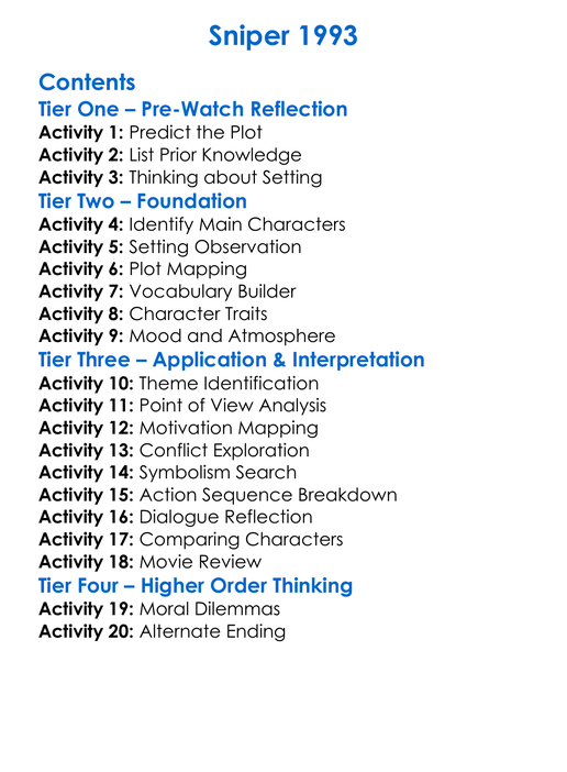 Sniper 1993 Worksheet Activity Booklet