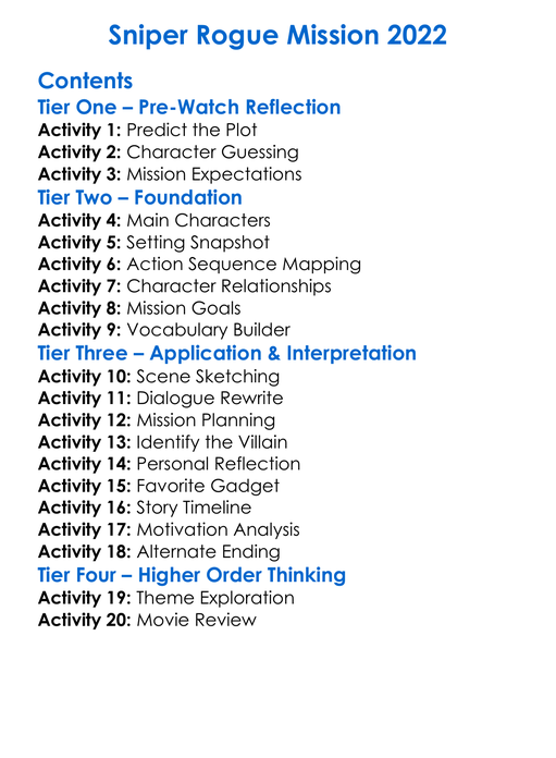 Sniper Rogue Mission 2022 Worksheet Activity Booklet