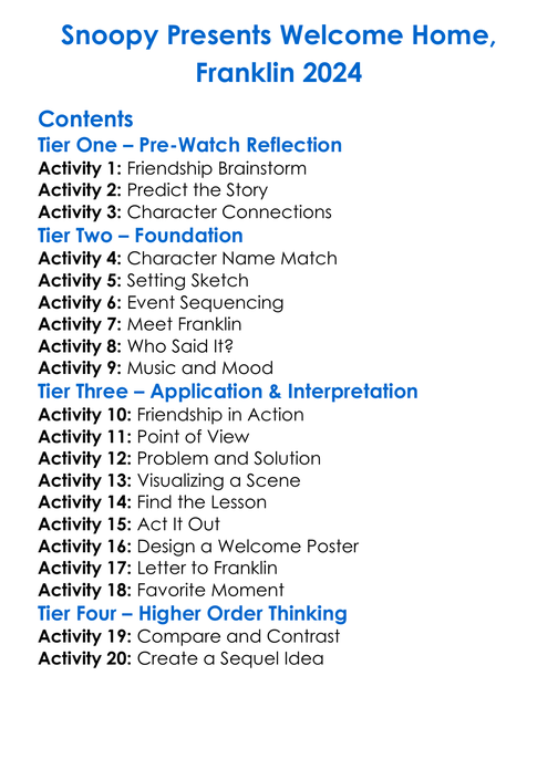 Snoopy Presents Welcome Home Franklin 2024 Worksheet Activity Booklet