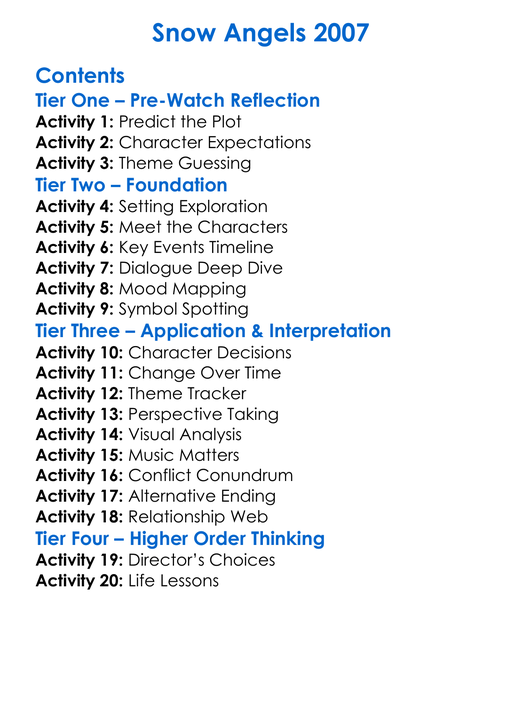 Snow Angels 2007 Worksheet Activity Booklet