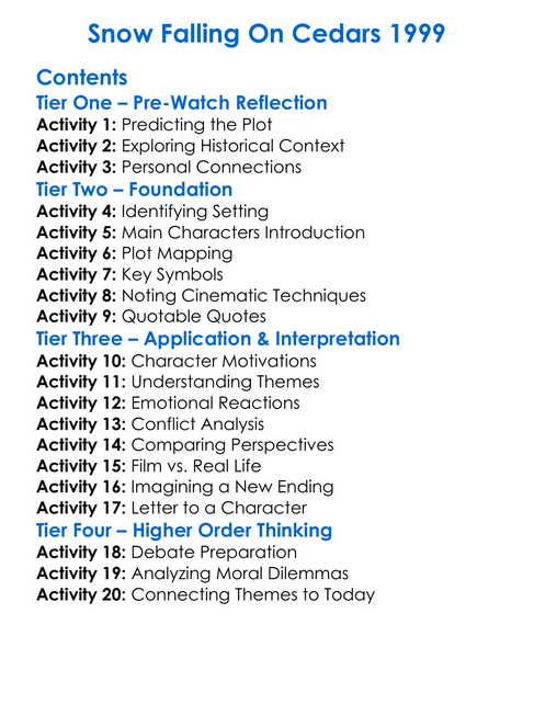 Snow Falling On Cedars 1999 Worksheet Activity Booklet