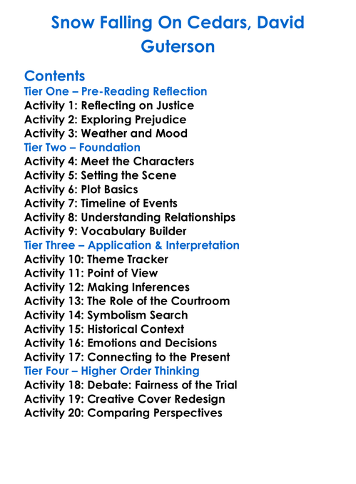 Snow Falling On Cedars David Guterson Worksheet Activity Booklet