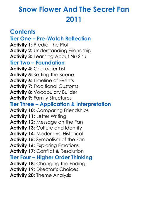 Snow Flower And The Secret Fan 2011 Worksheet Activity Booklet