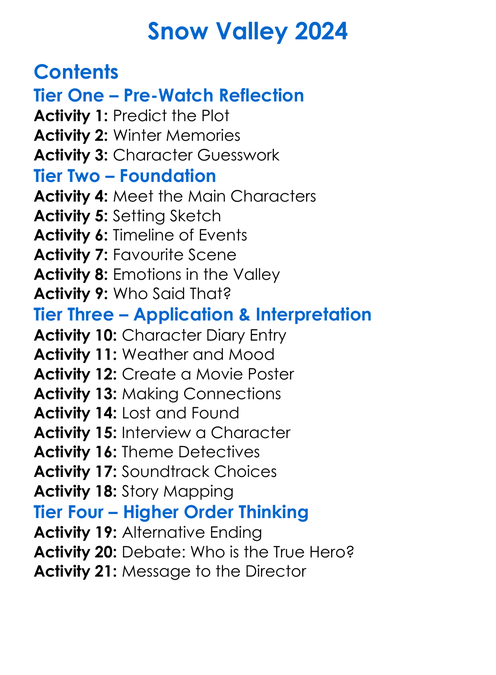 Snow Valley 2024 Worksheet Activity Booklet