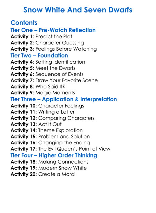 Snow White And Seven Dwarfs Worksheet Activity Booklet