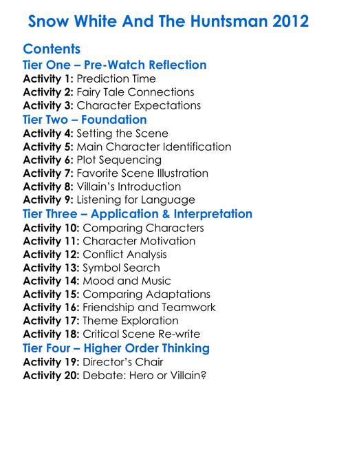 Snow White And The Huntsman 2012 Worksheet Activity Booklet
