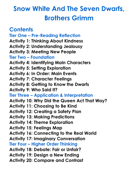 Snow White And The Seven Dwarfs Brothers Grimm Worksheet Activity Booklet