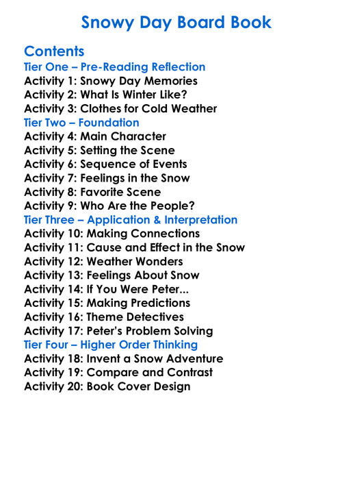 Snowy Day Board Book Worksheet Activity Booklet
