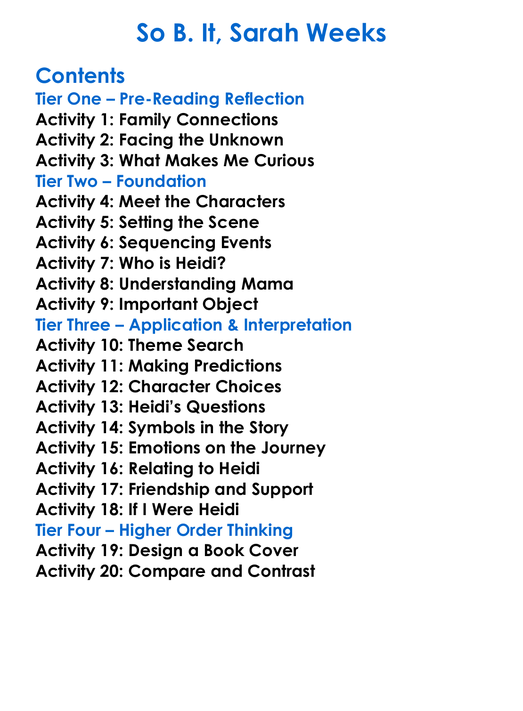 So B It Sarah Weeks Worksheet Activity Booklet
