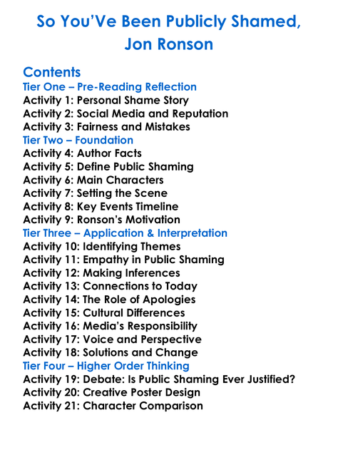 So Youve Been Publicly Shamed Jon Ronson Worksheet Activity Booklet