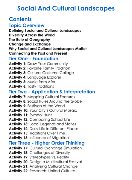 Social And Cultural Landscapes Worksheet Activity Booklet