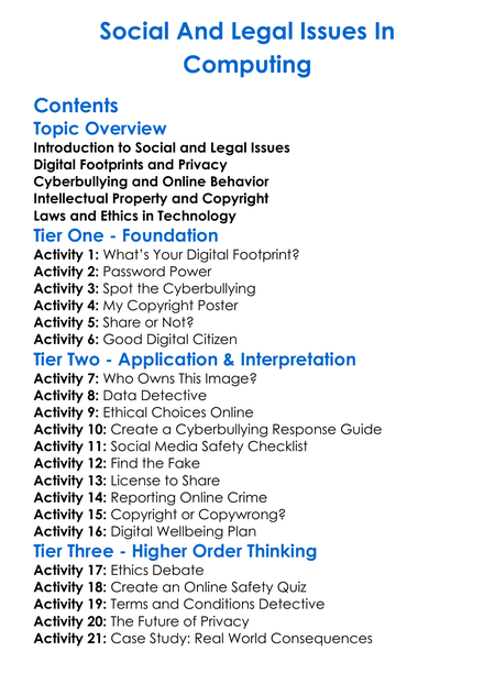 Social And Legal Issues In Computing Worksheet Activity Booklet