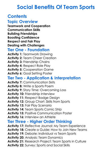 Social Benefits Of Team Sports Worksheet Activity Booklet