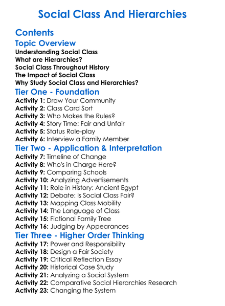 Social Class And Hierarchies Worksheet Activity Booklet