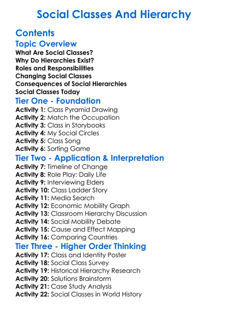 Social Classes And Hierarchy Worksheet Activity Booklet
