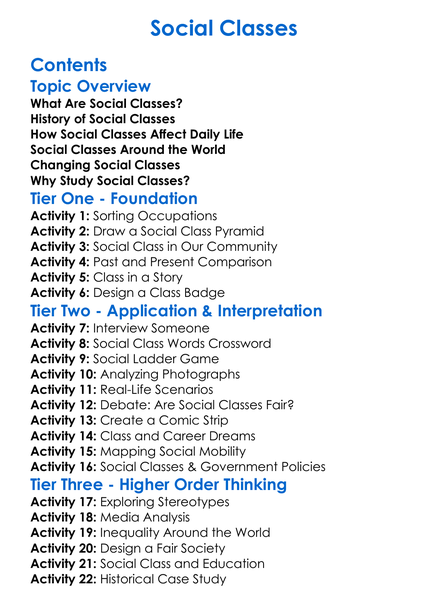 Social Classes Worksheet Activity Booklet