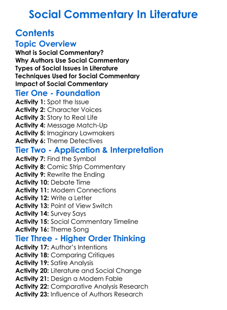 Social Commentary In Literature Worksheet Activity Booklet