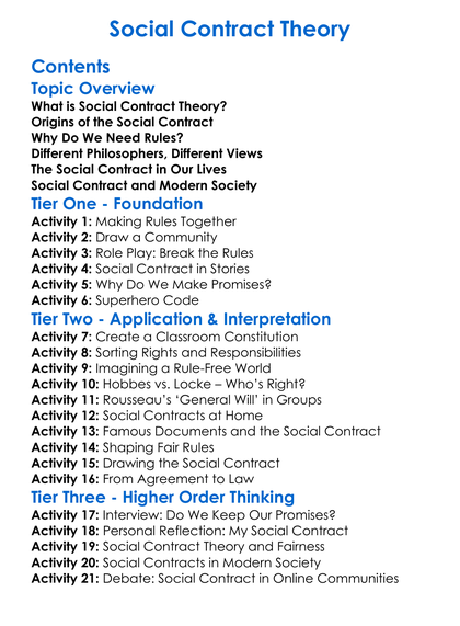 Social Contract Theory Worksheet Activity Booklet