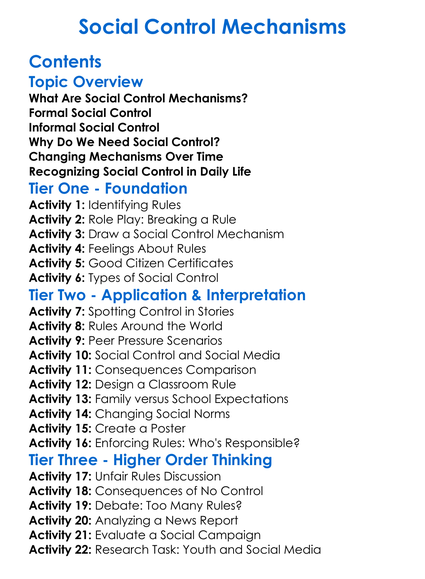 Social Control Mechanisms Worksheet Activity Booklet