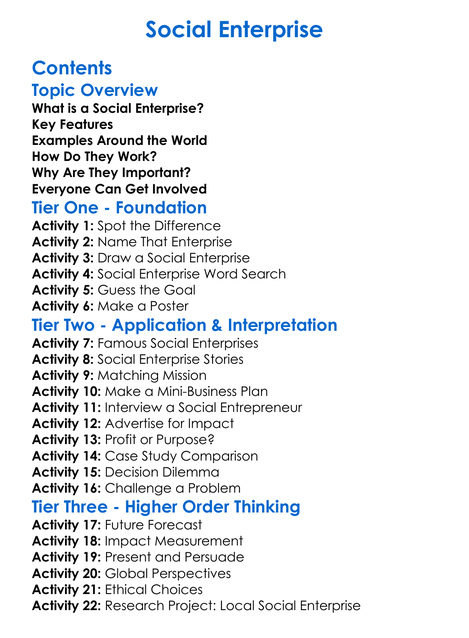 Social Enterprise Worksheet Activity Booklet