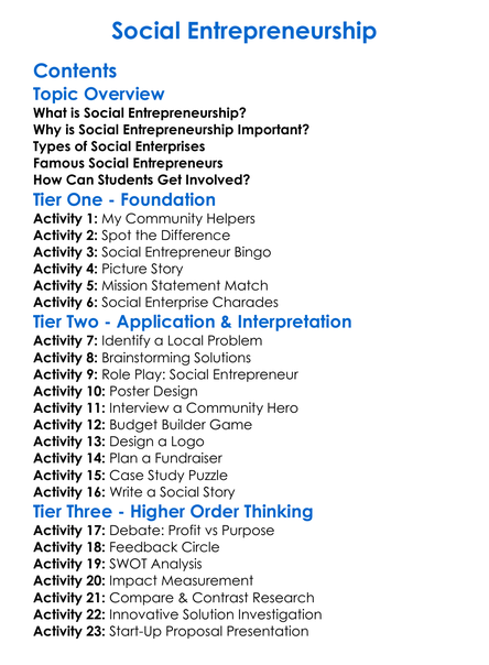 Social Entrepreneurship Worksheet Activity Booklet