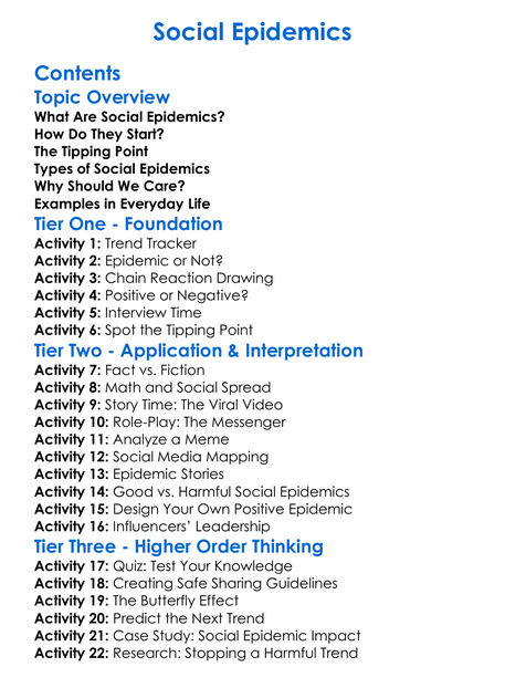 Social Epidemics Worksheet Activity Booklet