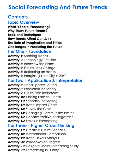Social Forecasting And Future Trends Worksheet Activity Booklet