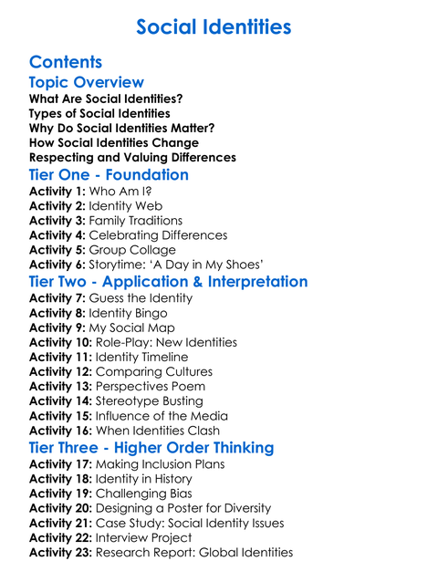 Social Identities Worksheet Activity Booklet