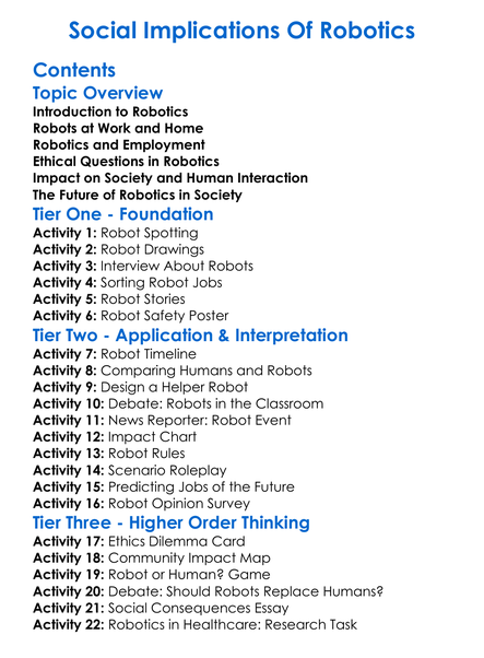 Social Implications Of Robotics Worksheet Activity Booklet