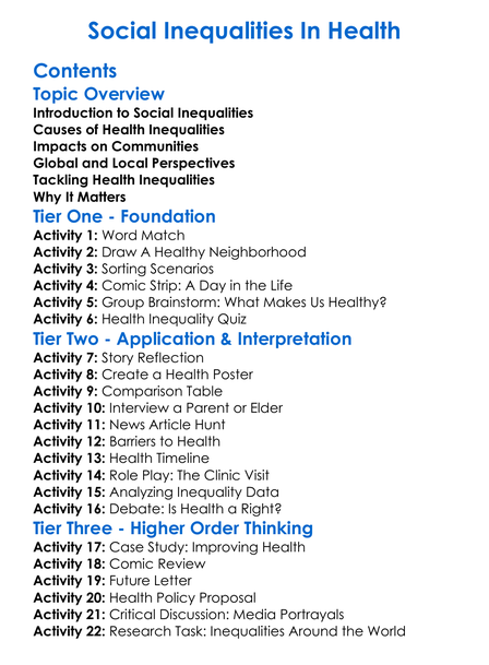 Social Inequalities In Health Worksheet Activity Booklet