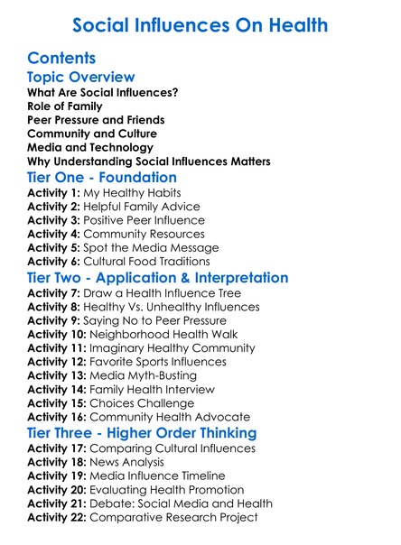 Social Influences On Health Worksheet Activity Booklet