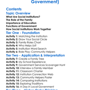 Social Institutions And Their Roles Such As Family Education And Government Worksheet Activity Booklet