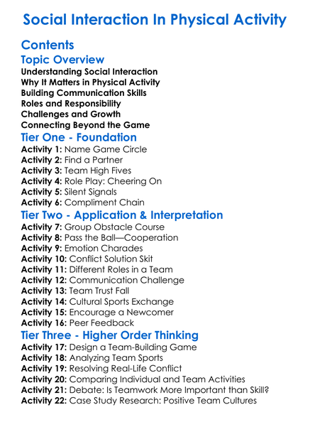 Social Interaction In Physical Activity Worksheet Activity Booklet