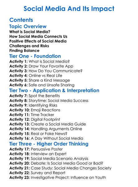 Social Media And Its Impact Worksheet Activity Booklet
