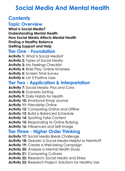 Social Media And Mental Health Worksheet Activity Booklet