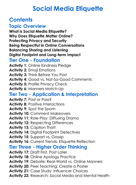 Social Media Etiquette Worksheet Activity Booklet