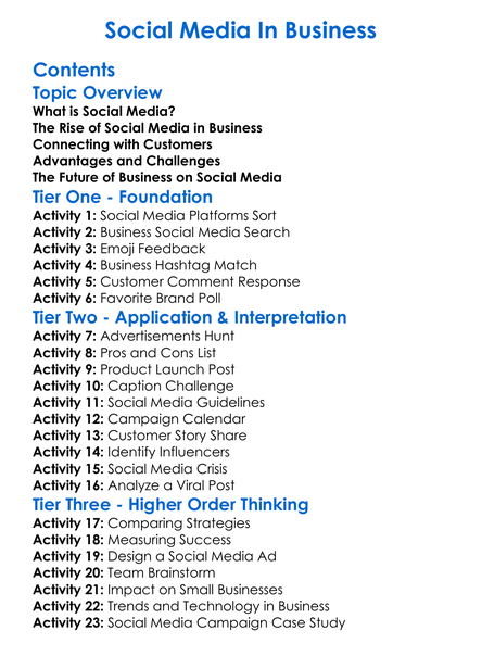 Social Media In Business Worksheet Activity Booklet