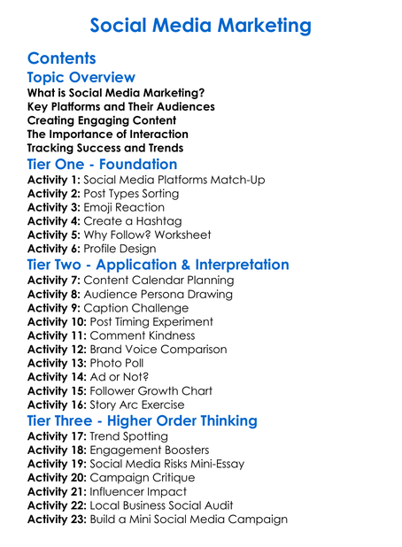 Social Media Marketing Worksheet Activity Booklet