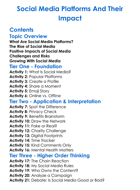 Social Media Platforms And Their Impact Worksheet Activity Booklet