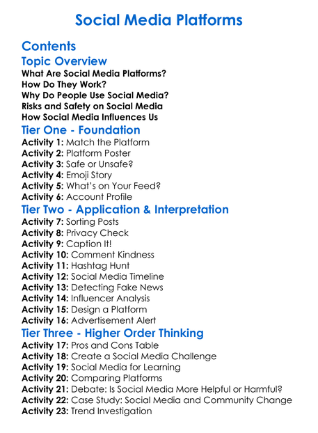 Social Media Platforms Worksheet Activity Booklet