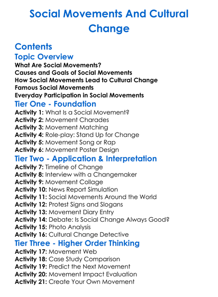 Social Movements And Cultural Change Worksheet Activity Booklet