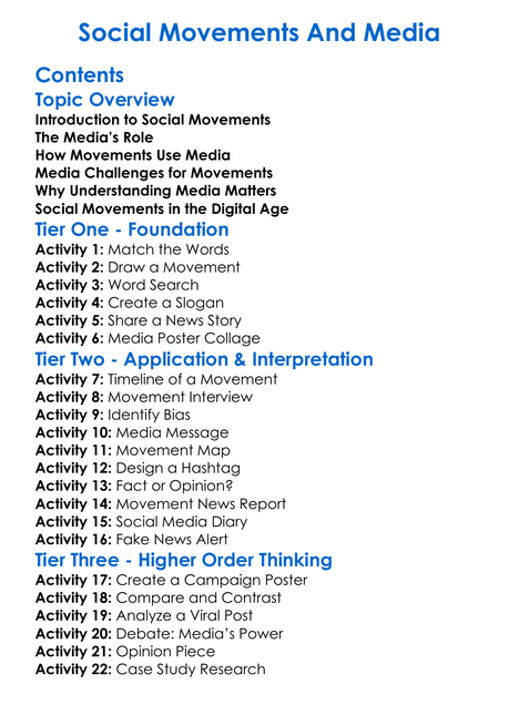 Social Movements And Media Worksheet Activity Booklet