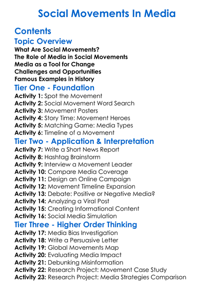 Social Movements In Media Worksheet Activity Booklet