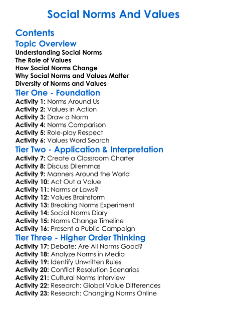Social Norms And Values Worksheet Activity Booklet