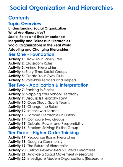 Social Organization And Hierarchies Worksheet Activity Booklet
