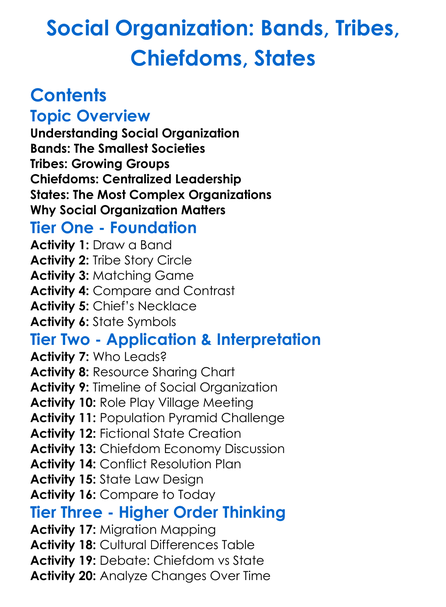 Social Organization Bands Tribes Chiefdoms States Worksheet Activity Booklet