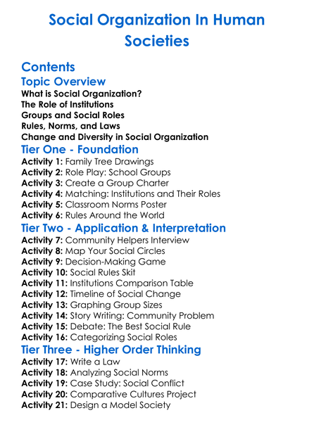 Social Organization In Human Societies Worksheet Activity Booklet
