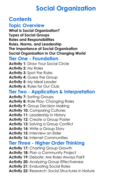 Social Organization Worksheet Activity Booklet