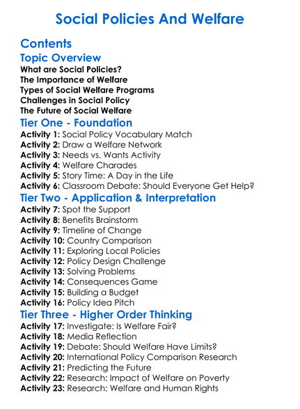 Social Policies And Welfare Worksheet Activity Booklet