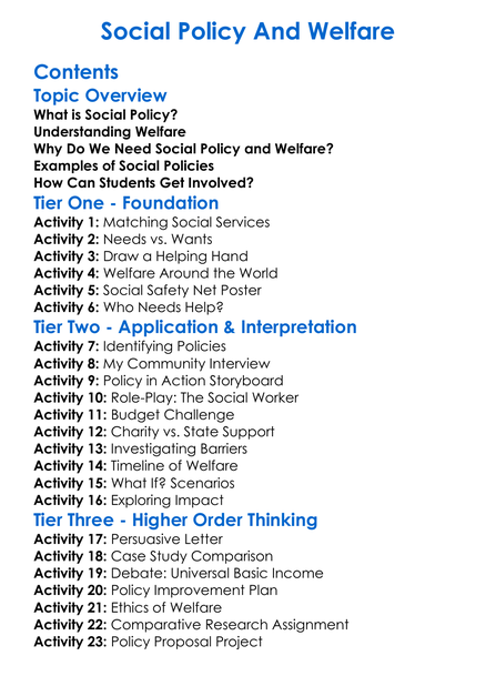 Social Policy And Welfare Worksheet Activity Booklet